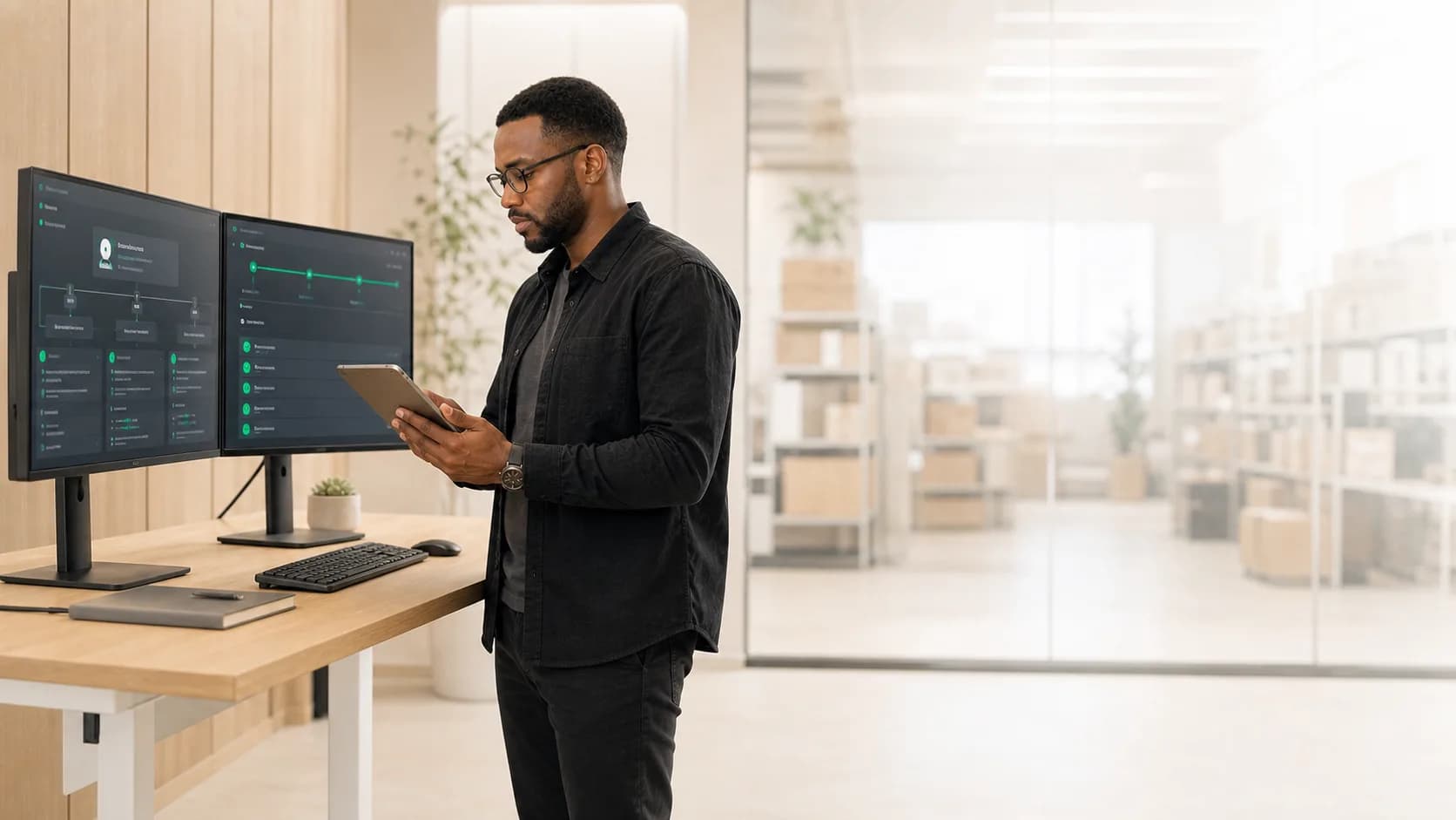Store operator checking a tablet beside an order workstation
