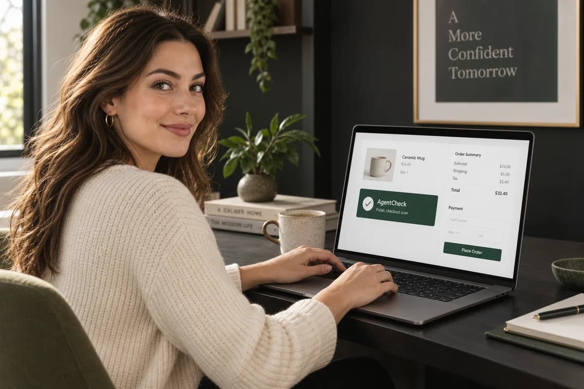 Illustrative shopper checkout with an AgentCheck panel.