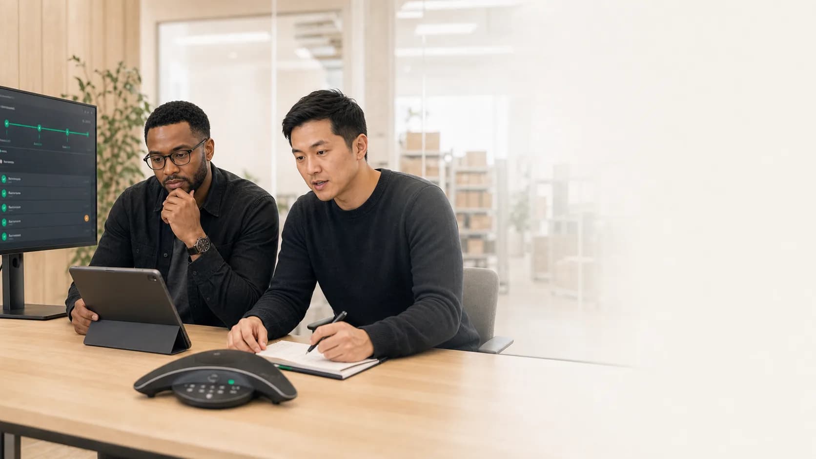 Two colleagues reviewing order information at a desk