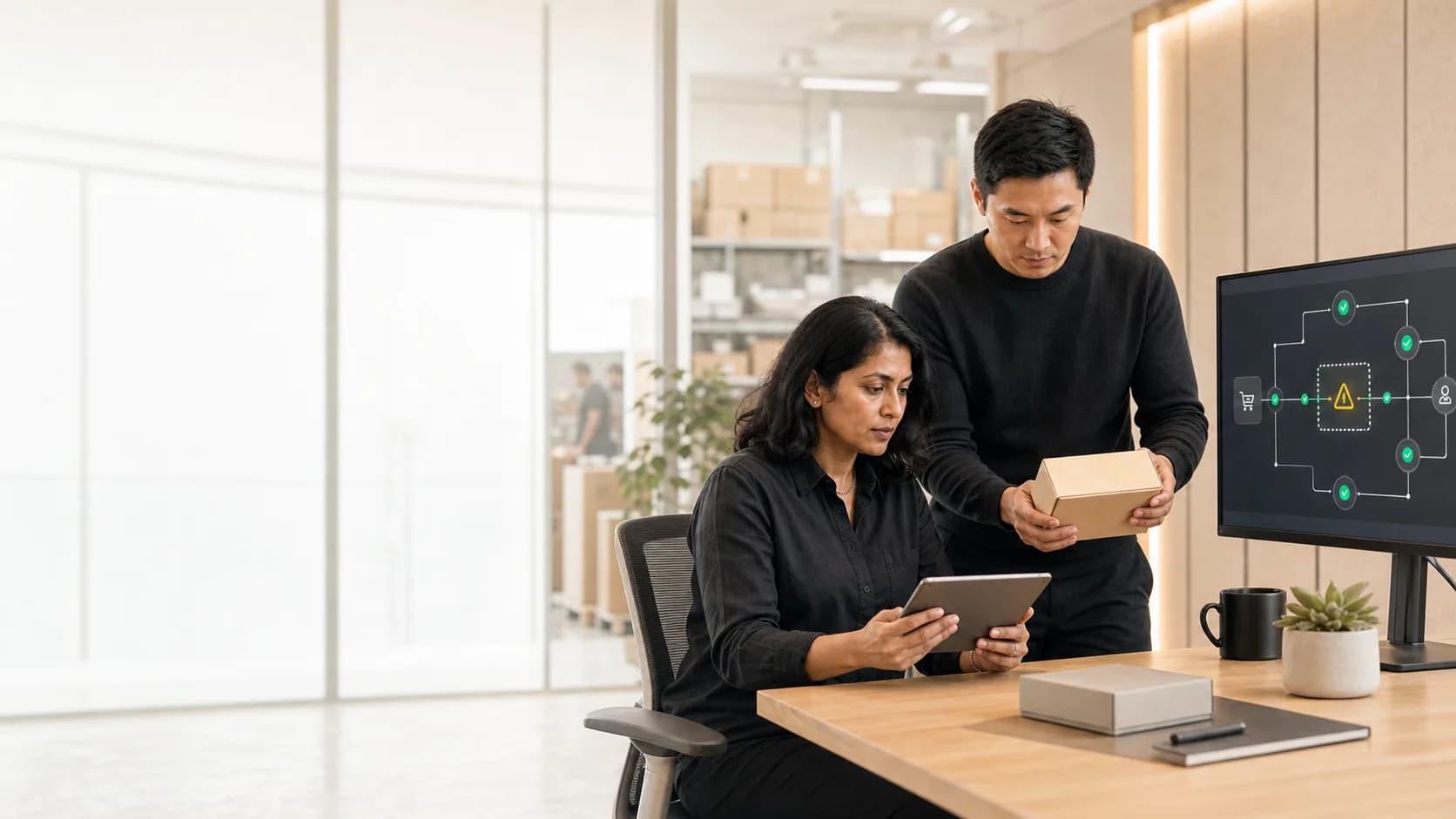 Two store team members reviewing a parcel and a tablet